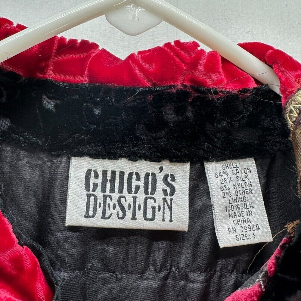 Chico's Design Jacket Size 1 M/8 Rayon Silk Velvet Patchwork Shacket Multicolor - Picture 7 of 10